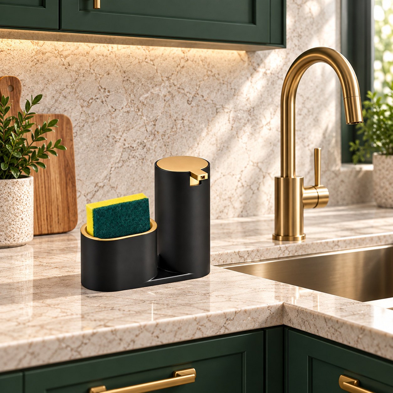 Dispenser Preto com Dourado — Na bancada junto à pia
