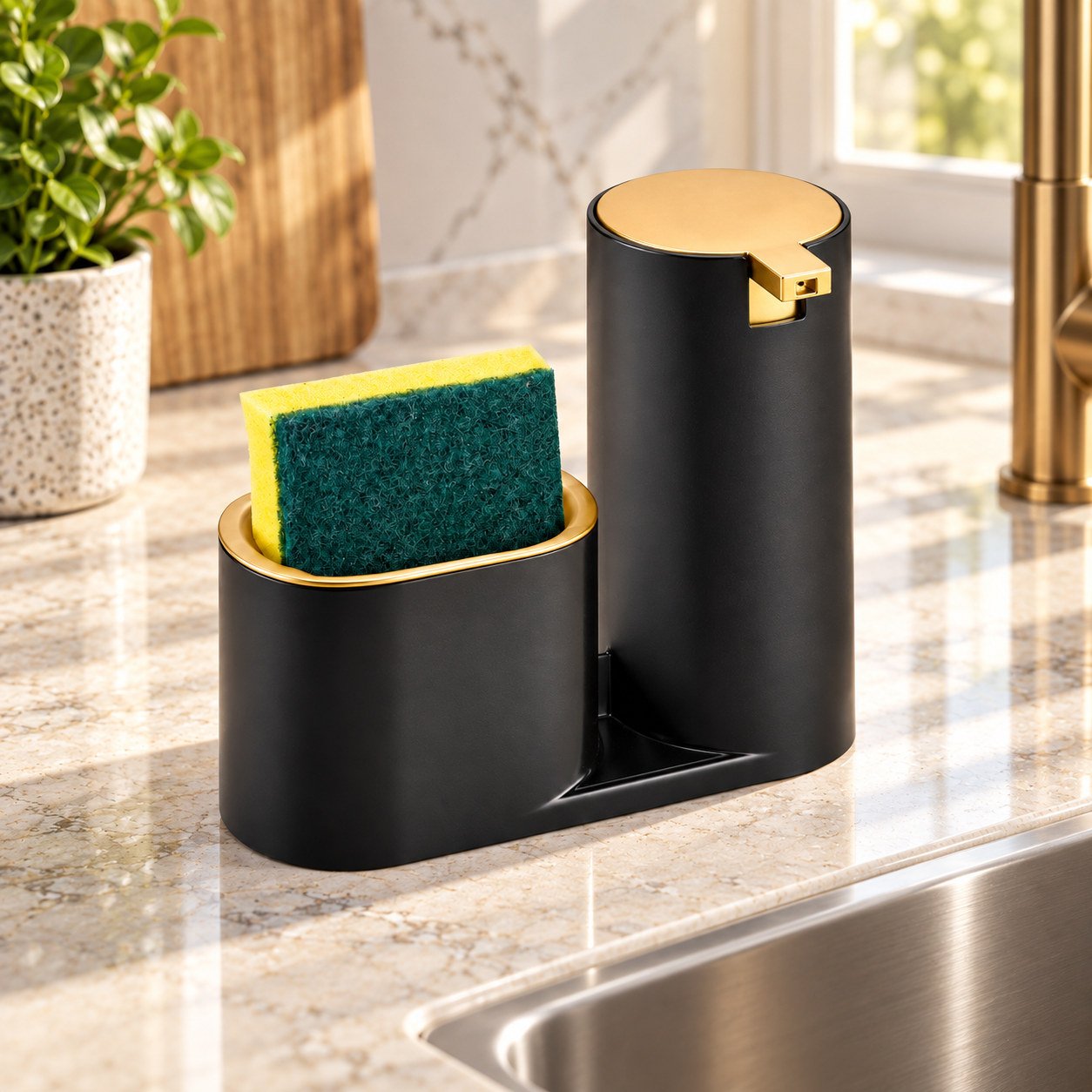 Dispenser Preto com Dourado — Em cozinha iluminada