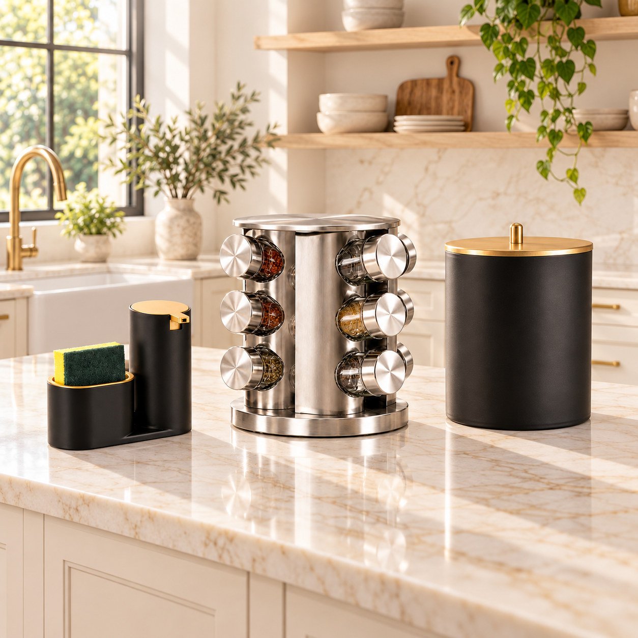 Kit com um porta-tempero, um dispenser e uma lixeira — Cozinha clara