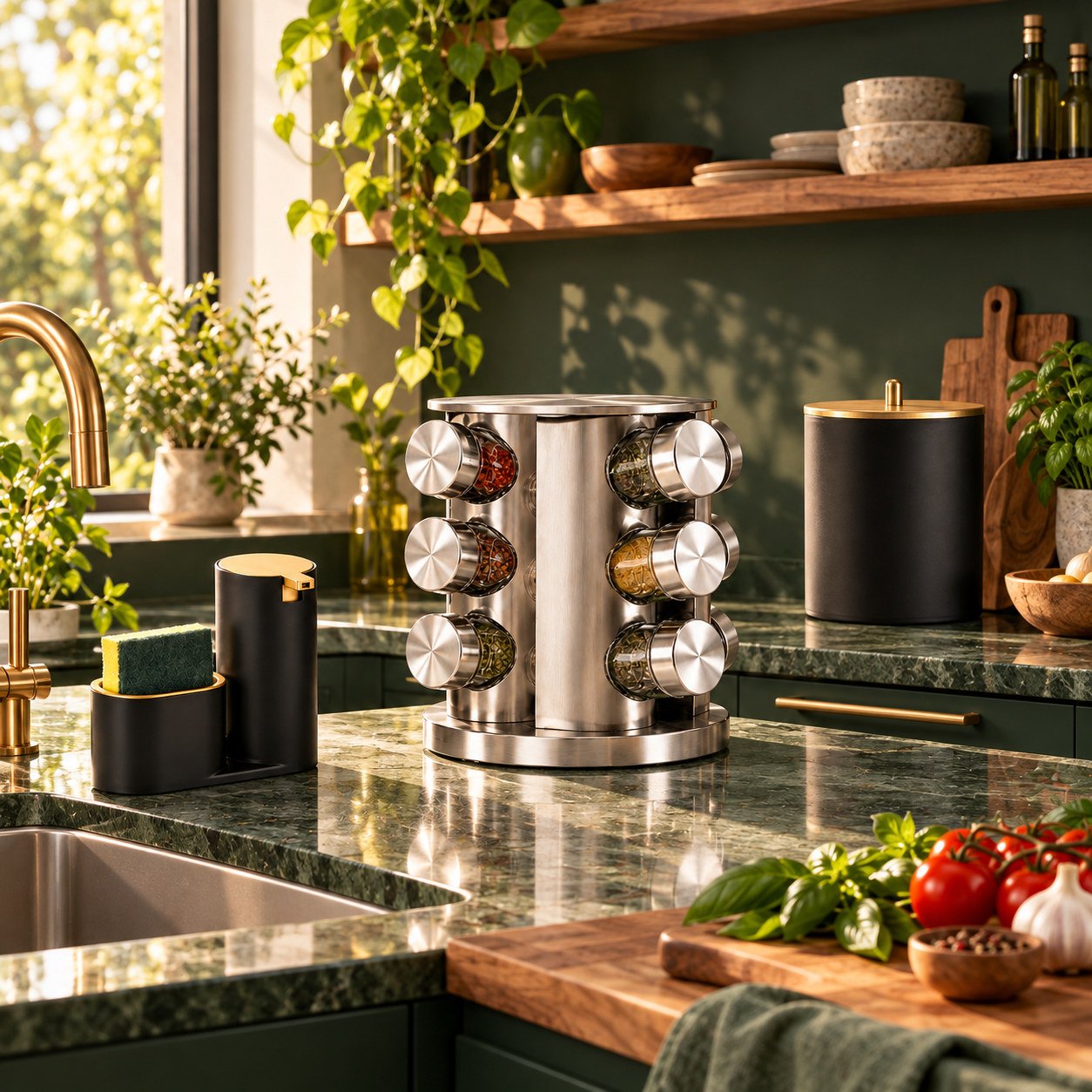 Kit com um porta-tempero, um dispenser e uma lixeira — Ambiente verde