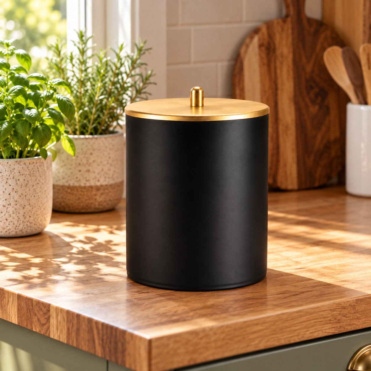 Lixeira compacta Preto com Dourado — Bancada com plantas