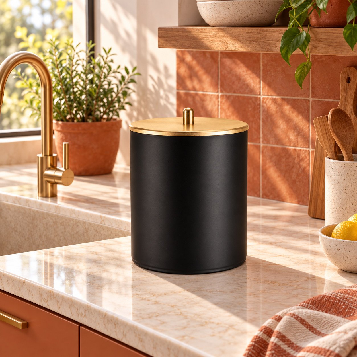 Lixeira compacta Preto com Dourado — Próxima à pia