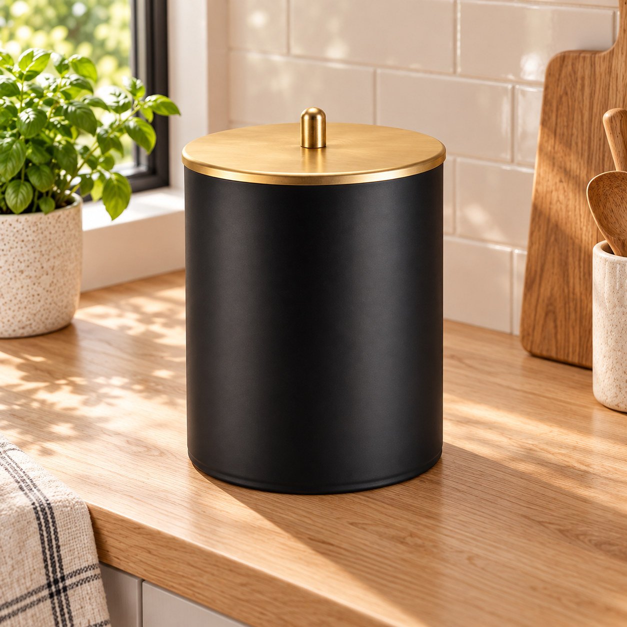 Lixeira compacta Preto com Dourado — Sobre bancada de madeira