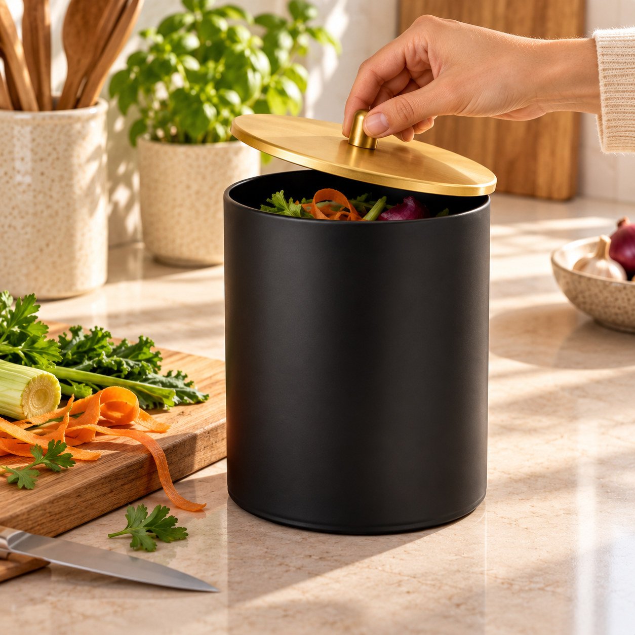 Lixeira compacta Preto com Dourado — Durante o preparo