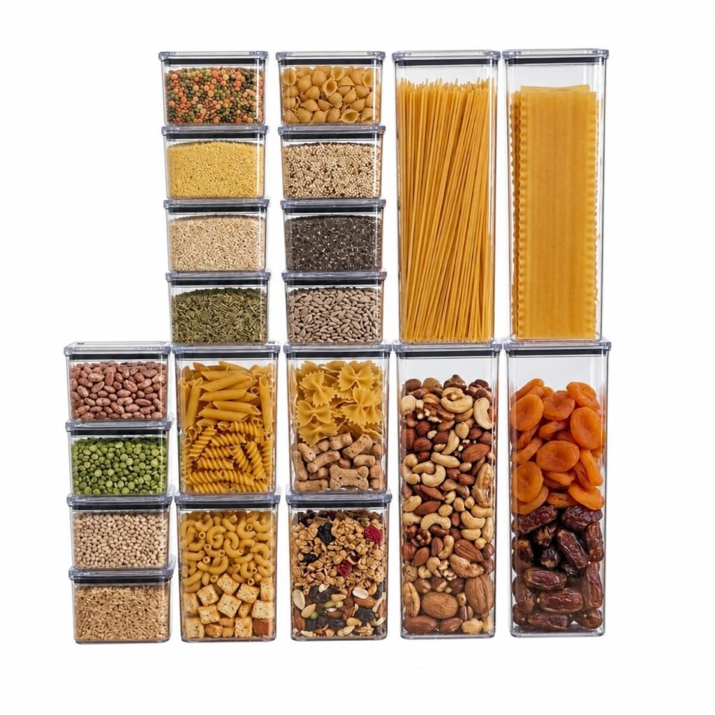Conjunto de potes transparentes com tampas escuras, contendo massas, grãos e outros ingredientes sobre fundo branco.