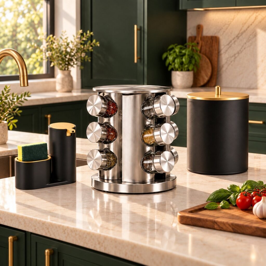 Porta-temperos em inox, dispenser e lixeira sobre bancada clara em cozinha com armários verdes.