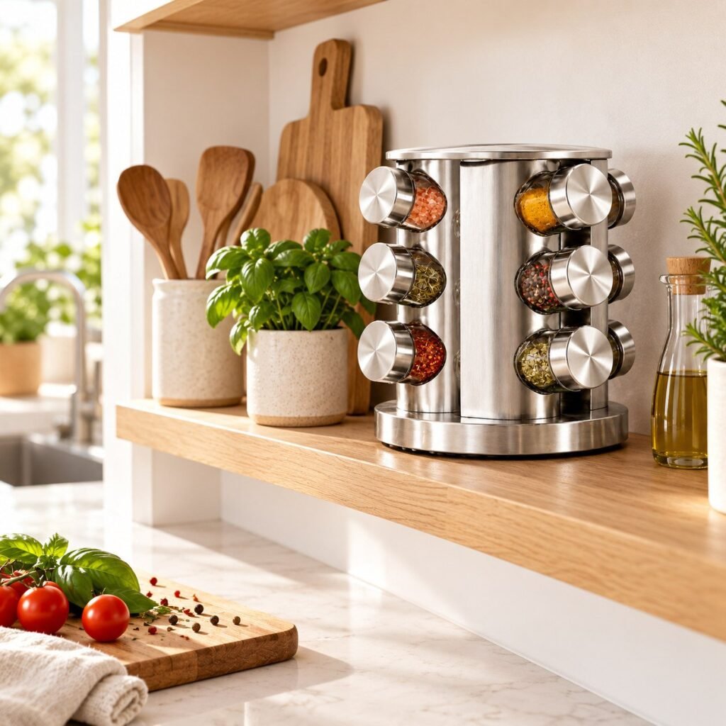 Porta-temperos giratório em inox sobre prateleira de madeira, ao lado de utensílios e plantas.